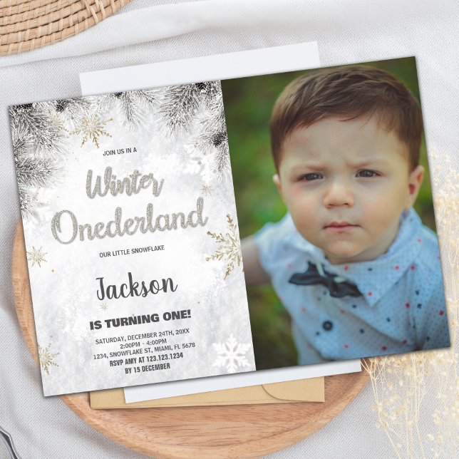 Winter ONEderland Invitations Pine Silver Photo (Winter ONEderland Invitations Pine Silver Photo)