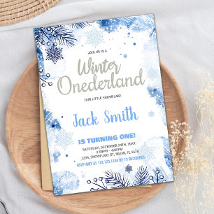 Winter ONEderland Invitations Silver Glitter Blue