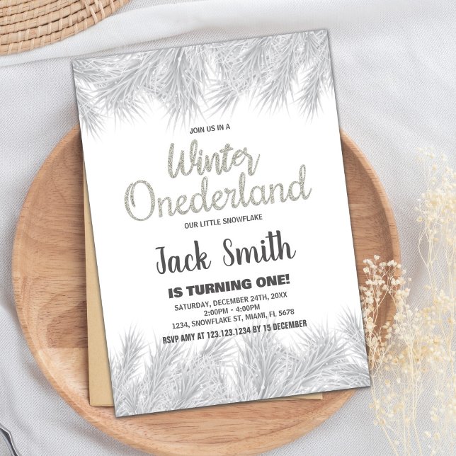 Winter ONEderland Invitations Silver Glitter Pine (Winter ONEderland Invitations Silver Glitter Pine)