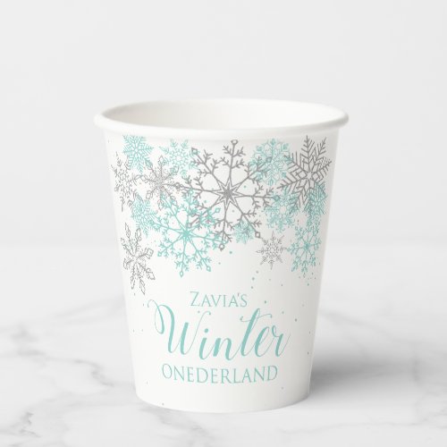 Winter ONEderland Light Teal Silver Snowflake Pape Paper Cups