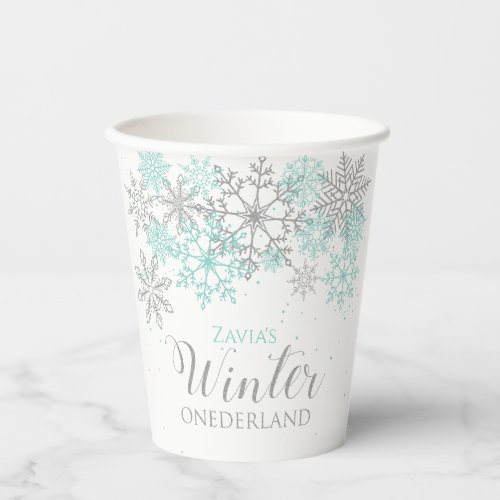Winter ONEderland Light Teal Silver Snowflake Paper Cups
