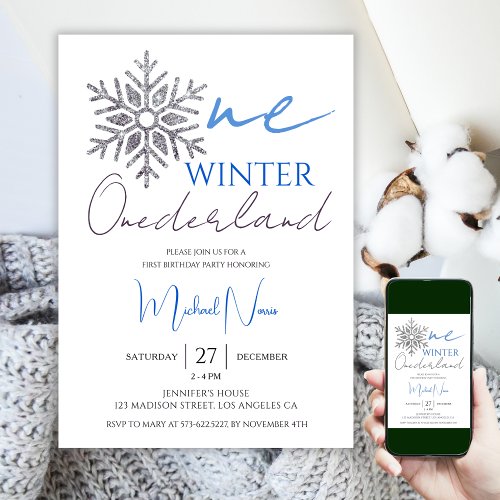 Winter ONEderland  Minimalist Boy 1st Birthday Invitation