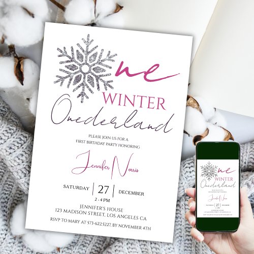 Winter ONEderland  Minimalist Girl 1st Birthday Invitation