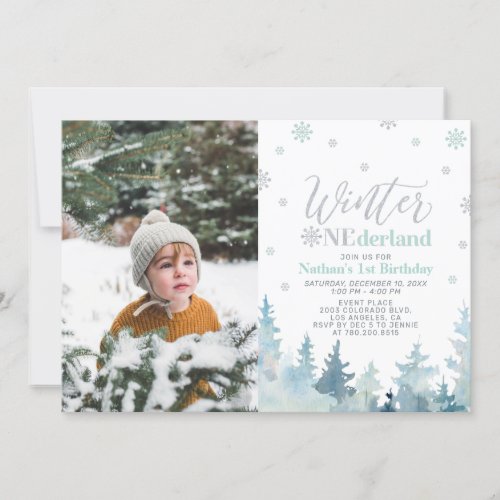 Winter Onederland  Mint Boy 1st Birthday Photo Invitation