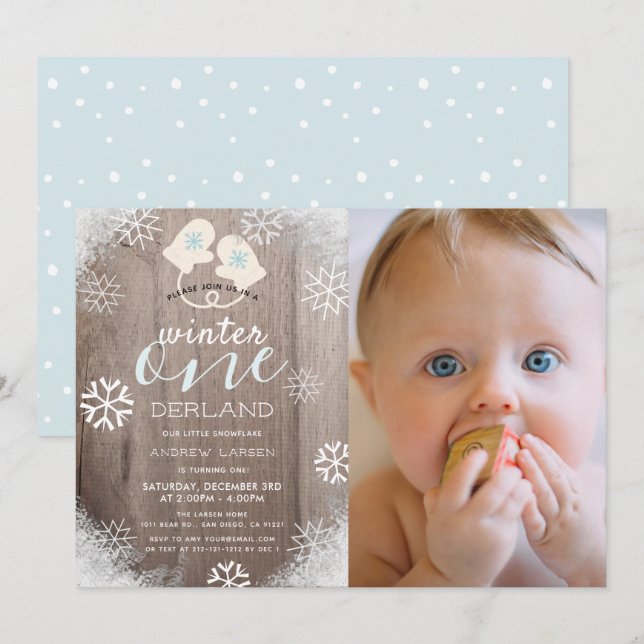 Winter Onederland Mitten Boy Blue 1st Birthday Invitation (Front/Back)