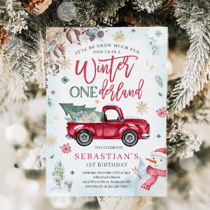 Winter ONEderland Navy Winter Truck Snowman Party Invitation