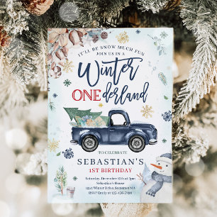 Winter ONEderland Navy Winter Truck Snowman Party  Invitation