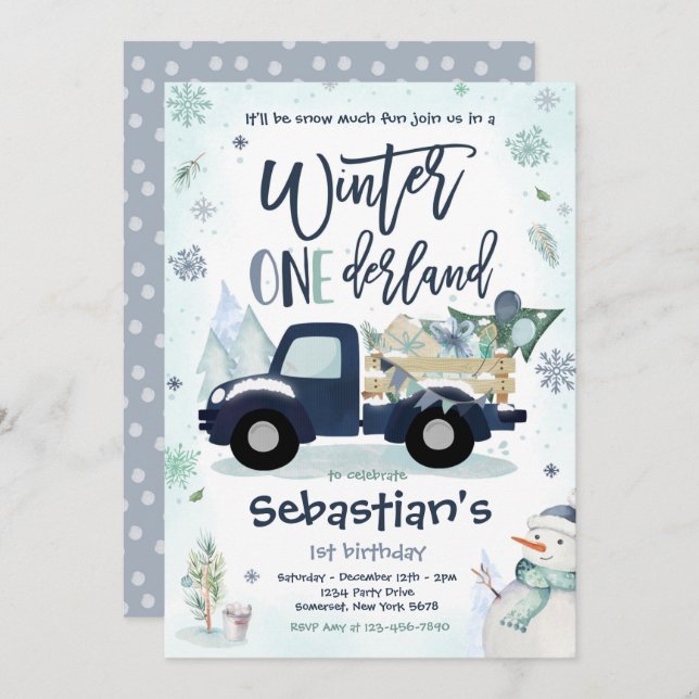 Winter ONEderland Navy Winter Truck Snowman Party Invitation (Front/Back)