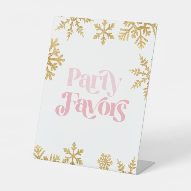 Winter Onederland Party Favors Pink Gold Pedestal Sign (Front)