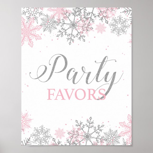 Winter Onederland Party Favors Pink Silver Poster (Front)