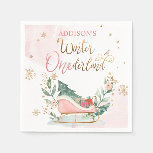 Winter Onederland Party Sleigh Girl 1st Birthday Napkins