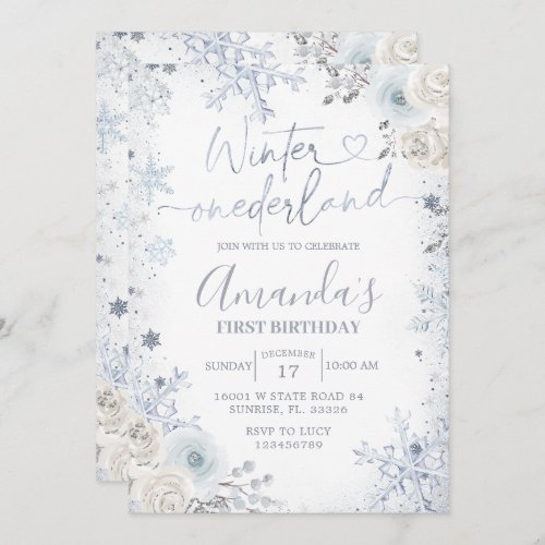 Winter Onederland Pastel Blue Snowflake Birthday Invitation