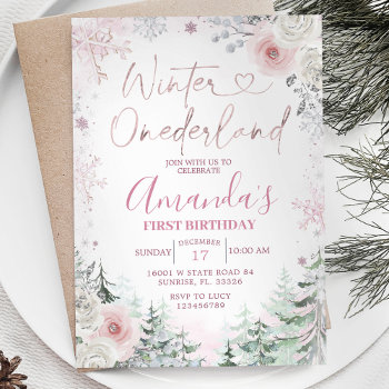 Winter Onederland Pastel Pink Snowflake Birthday Invitation by HappyPartyStudio at Zazzle