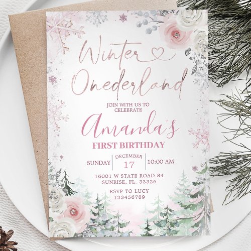 Winter Onederland Pastel Pink Snowflake Birthday Invitation