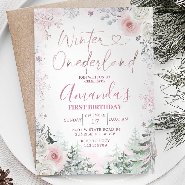 Winter Onederland Pastel Pink Snowflake Birthday Invitation (Creator Uploaded)