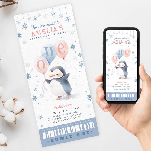 Winter Onederland Penguin 1st Birthday Ticket Pass Invitation