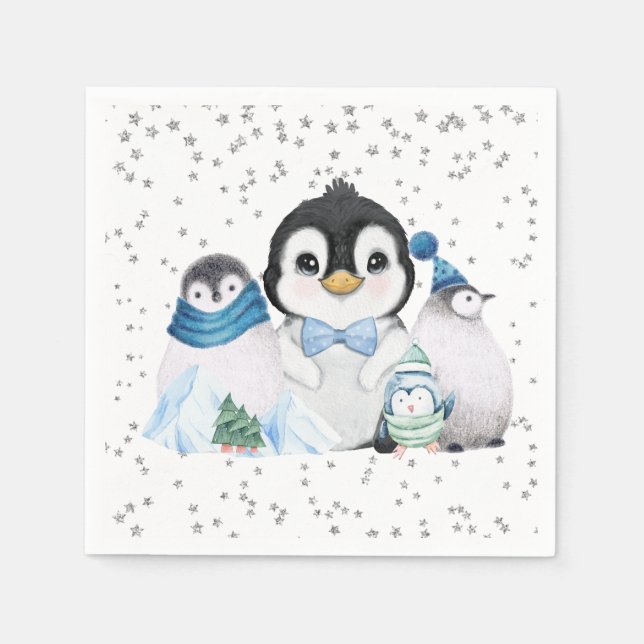 Winter Onederland Penguin Birthday Napkins (Front)