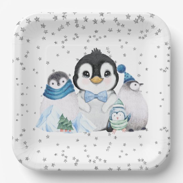 Winter Onederland Penguin Birthday Paper Plates (Front)