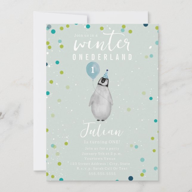 Winter Onederland Penguin Blue Balloon Birthday Invitation (Front)