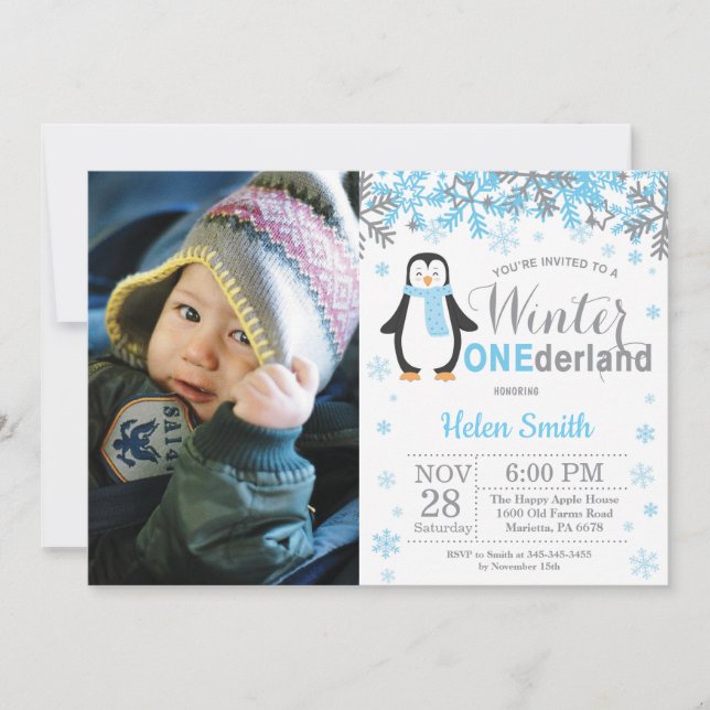 Winter Onederland Penguin Boy 1st Birthday Invitation (Front)