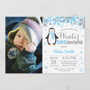Winter Onederland Penguin Boy 1st Birthday Invitation