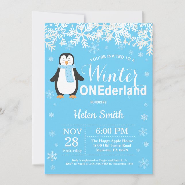 Winter Onederland Penguin Boy 1st Birthday Invitation (Front)