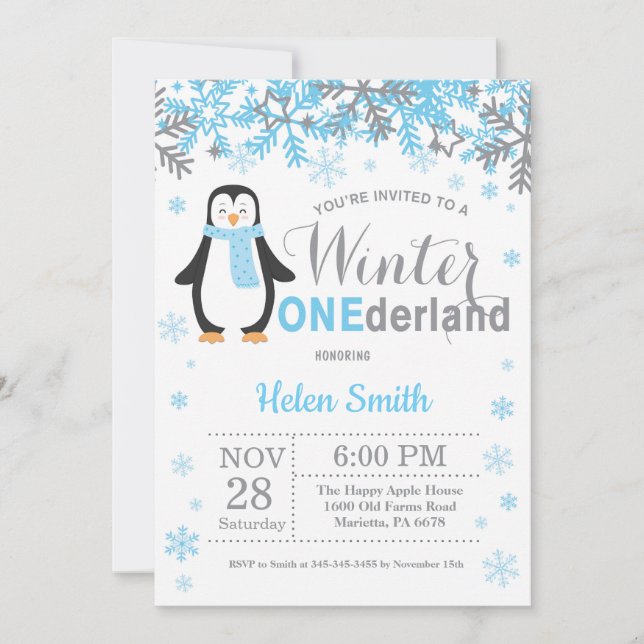 Winter Onederland Penguin Boy 1st Birthday Invitation (Front)