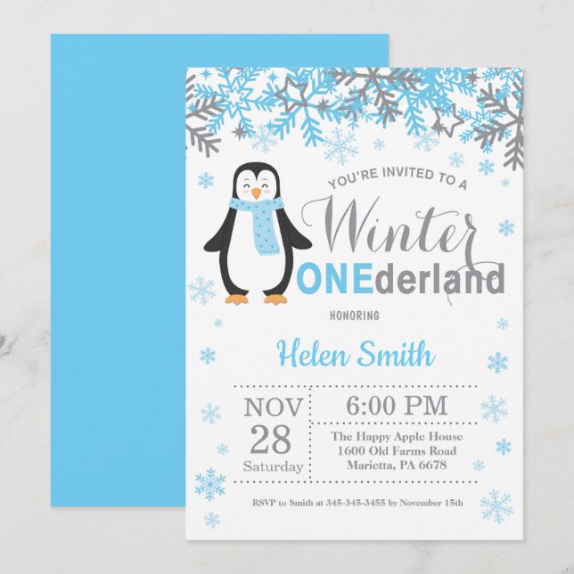 Winter Onederland Penguin Boy 1st Birthday Invitation (Front/Back)
