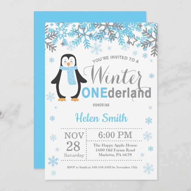 Winter Onederland Penguin Boy 1st Birthday Invitation (Front/Back)