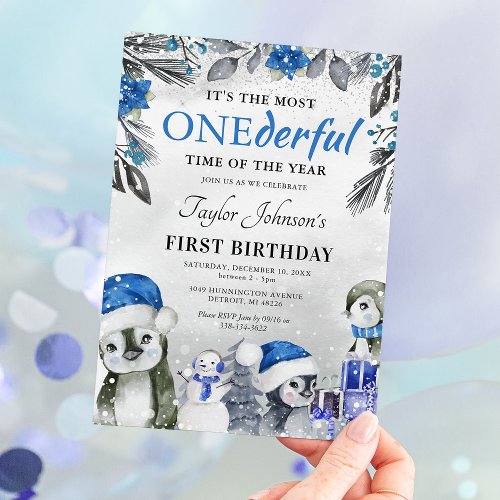Winter Onederland Penguin Christmas 1st Birthday I Invitation