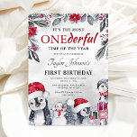 Winter Onederland Penguin Christmas 1st Birthday Invitation<br><div class="desc">First birthday christmas party invitations featuring a washed out gray background,  elegant watercolor xmas florals & foliage,  cute baby penguins,  snowman,  gifts,  and a elegant personalized 1st birthday template that is easy to customize.</div>