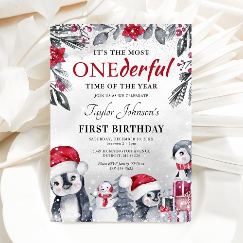 Winter Onederland Penguin Christmas 1st Birthday Invitation
