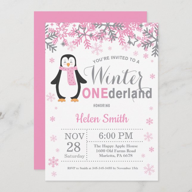 Winter Onederland Penguin Girl 1st Birthday Invitation (Front/Back)