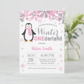 Winter Onederland Penguin Girl 1st Birthday Invitation (Standing Front)