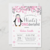 Winter Onederland Penguin Girl 1st Birthday Invitation (Front)