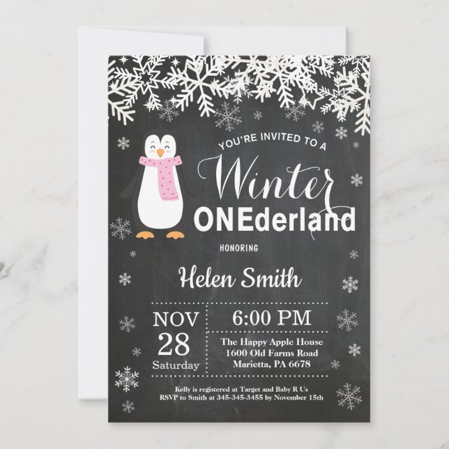 Winter Onederland Penguin Girl 1st Birthday Invitation (Front)