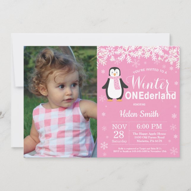 Winter Onederland Penguin Girl 1st Birthday Invitation (Front)