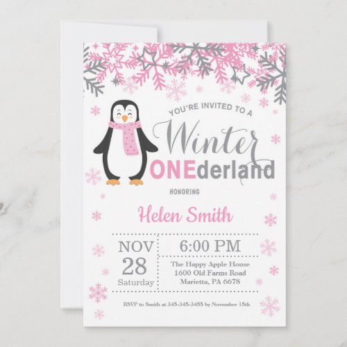 Winter Onederland Penguin Girl 1st Birthday Invitation