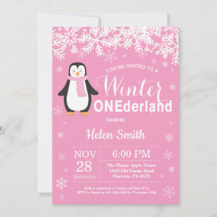 Winter Onederland Penguin Girl 1st Birthday Invitation