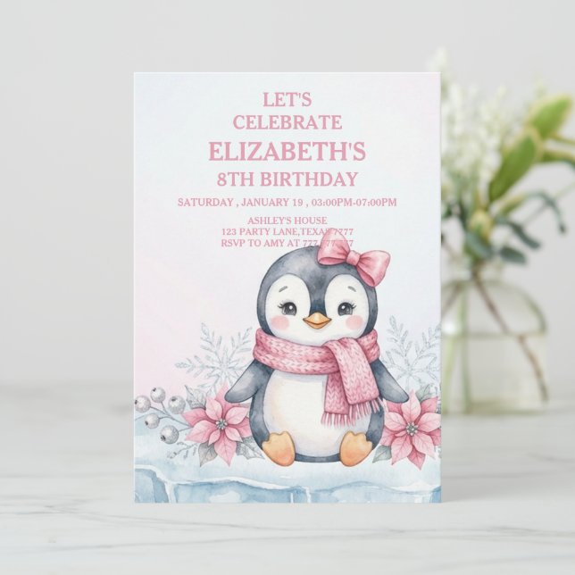 Winter Onederland Penguin Girl Birthday Invitation (Standing Front)