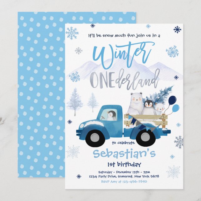Winter ONEderland Penguin Polar Bear Birthday Invitation (Front/Back)
