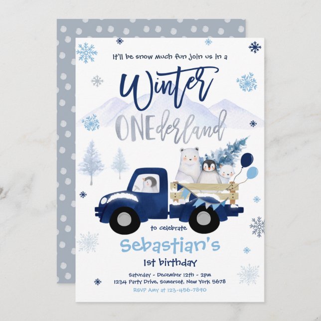 Winter ONEderland Penguin Polar Bear Birthday Invitation (Front/Back)