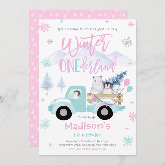 Winter ONEderland Penguin Polar Bear Birthday Invitation (Front/Back)