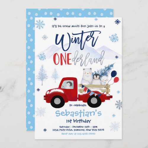 Winter ONEderland Penguin Polar Bear Birthday Invitation