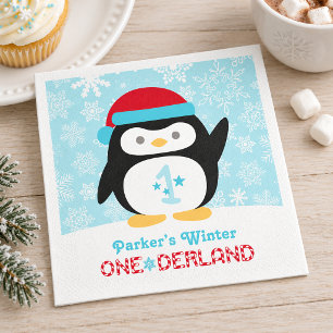 Winter ONEderland Penguin Snowflake Birthday Paper Napkins