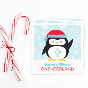 Winter ONEderland Penguin Snowflake Birthday Paper Napkins