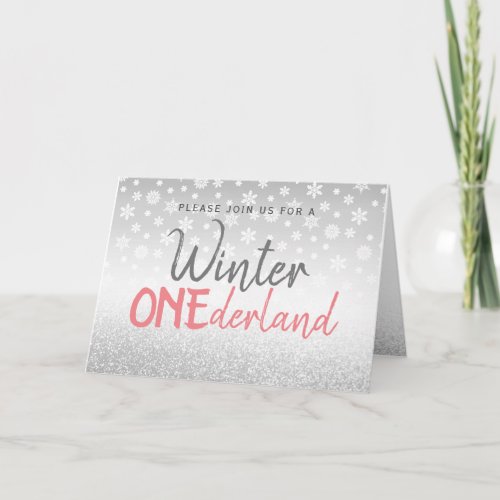 Winter ONEderland Photo 1st Birthday Silver Pink Invitation