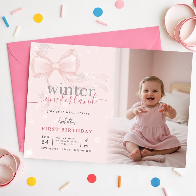 Winter ONEderland Photo Pink Bow First Birthday Invitation (Creator Uploaded)
