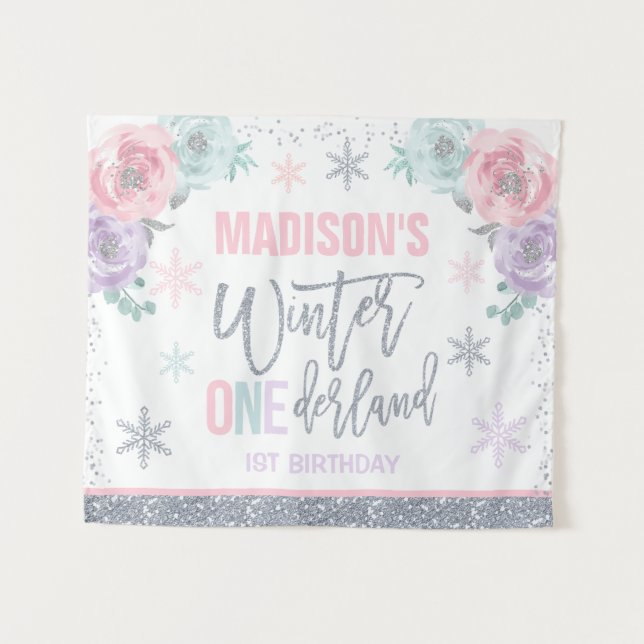 Winter ONEderland Pink 1st Birthday Decorations Tapestry (Front (Horizontal))