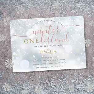 Winter Onederland Pink And Gold 1st Birthday Invitation